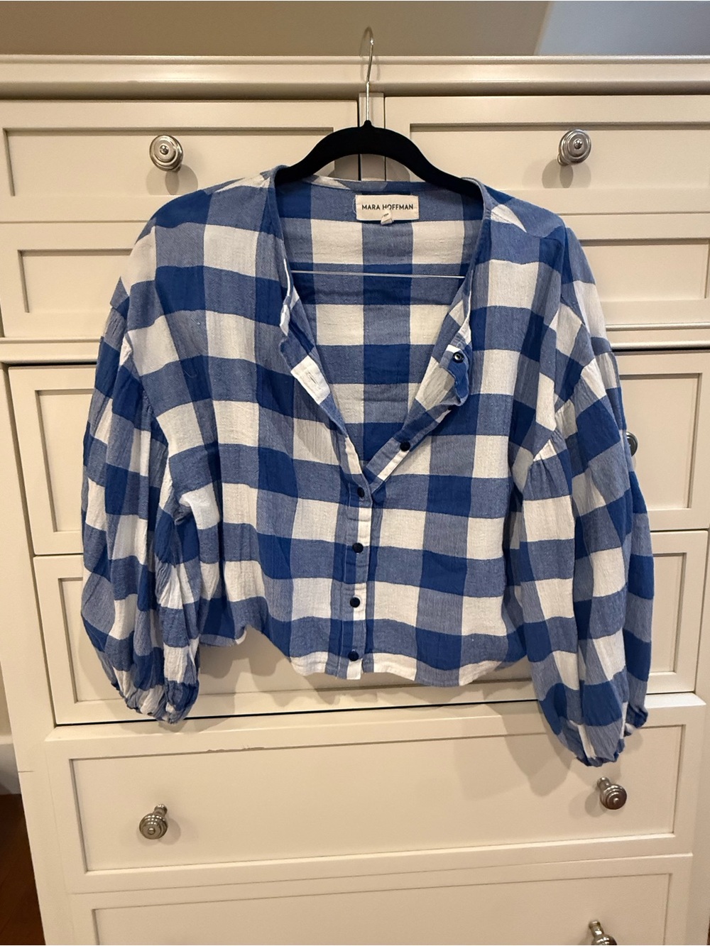 Mara Hoffman Blue and White Gingham Button-Front Puff Sleeve Top Small